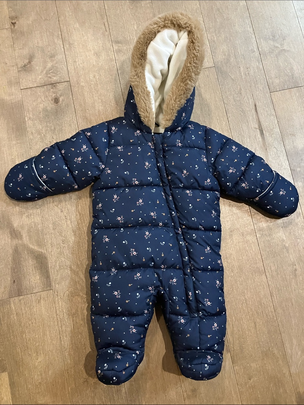 George Navy Floral Puffer One-Piece with Faux-Fur Trim